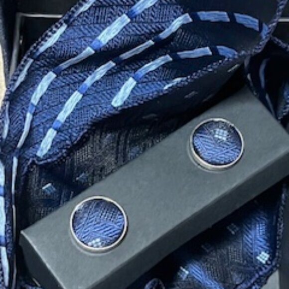 Handmade 100% Silk Cuff Links & Handkerchief Blue - Picture 3 of 11